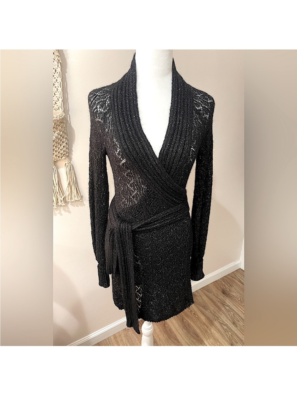Diane Von Furstenburg delicate wrap sweater with metallic thread. Lacy fabric